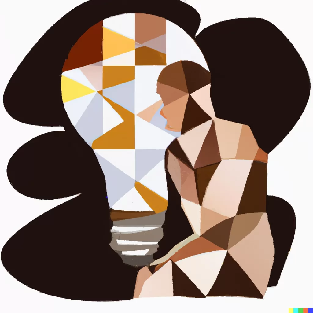 A person sitting next to an abstract lightbulb, thinking