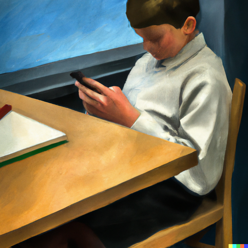 Student at a table with a book and cell phone