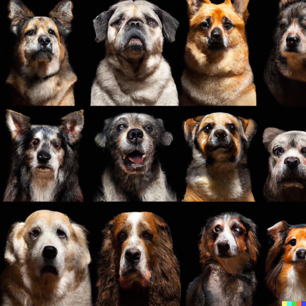 DALL·E 2023 09 20 12.45.45 side by side portraits of 12 different dogs in a row from left to right in the style of Rembrandt