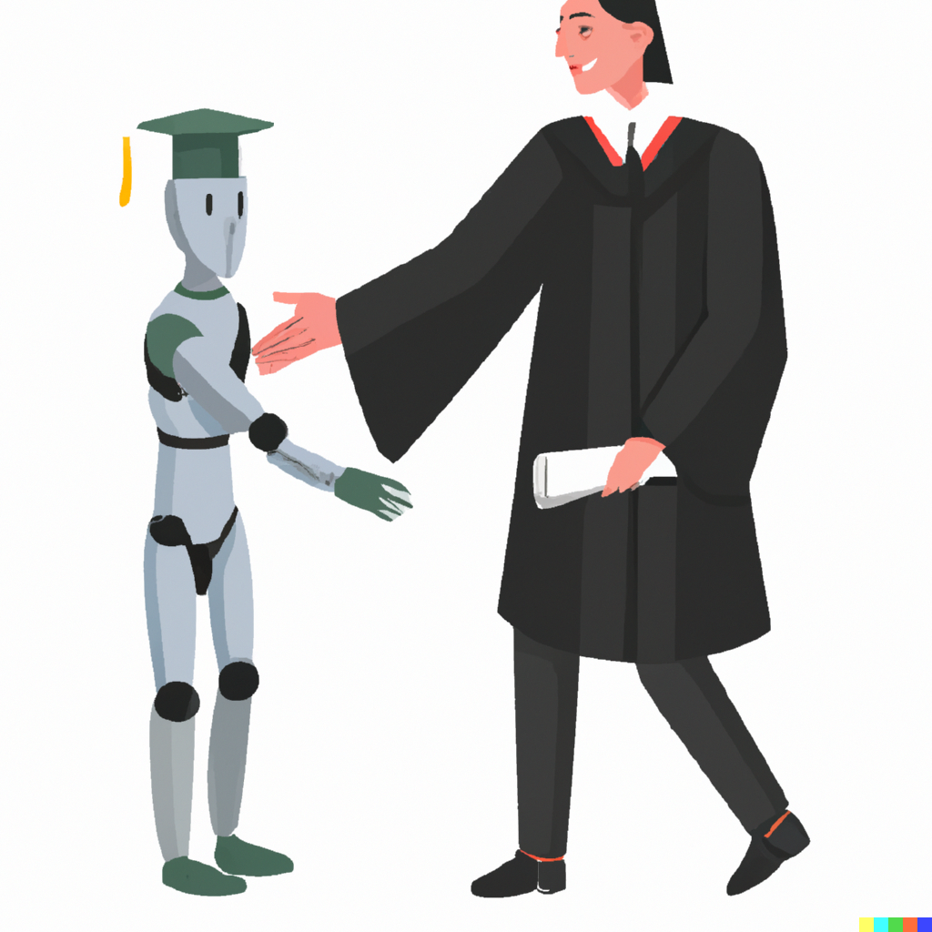 DALL·E 2023 09 20 15.46.10 An android wearing a mortarboard is walking across the stage in a graduation ceremony. A person wearing a mortarboard is handing a diploma to the andr
