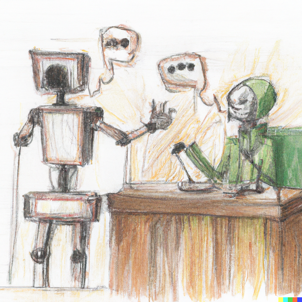 Is Artificial Intelligence Smarter Than You? (part 3 of 4) 5 DALL·E 2023 09 20 17.12.41 a robot cross examining a witness colored pencil sketch