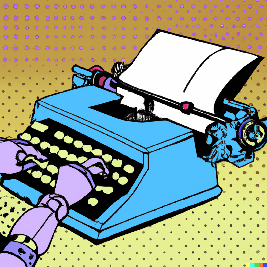 DALL·E 2023 10 09 18.21.24 A robot typing on a typewriter pop art