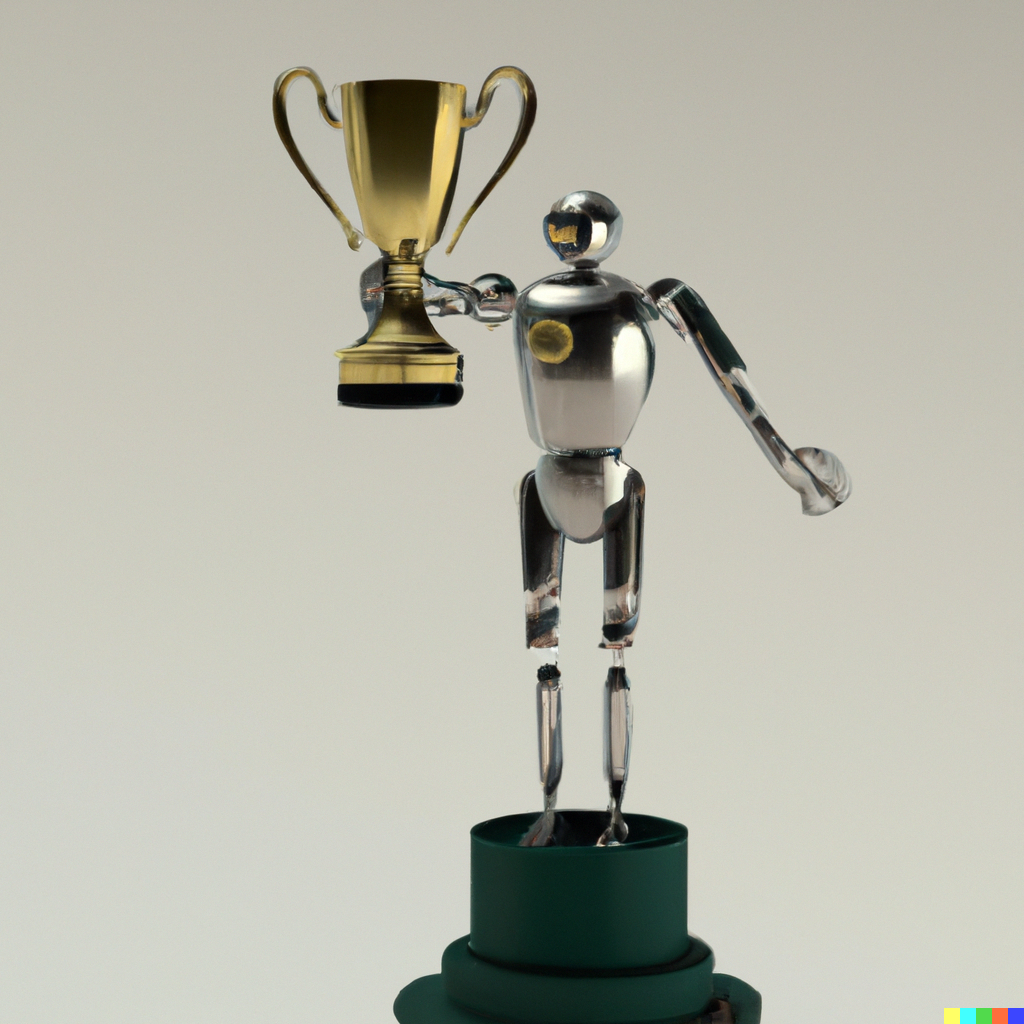 DALL·E 2023 10 09 18.35.20 A trophy with a robot on top 3D rendering