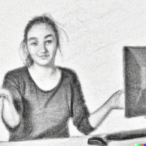 A charcoal sketch of a girl shrugging and smiling, looking at the camera, sitting in front of a computer